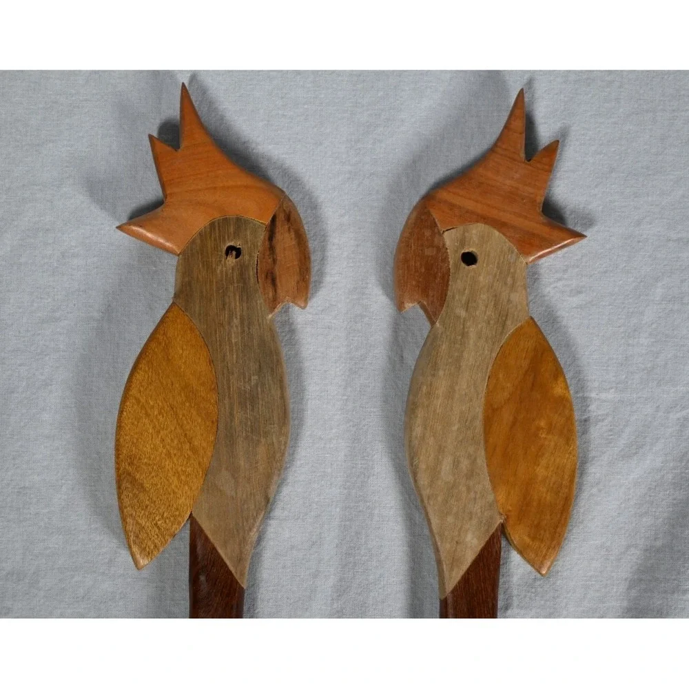 Set of 2 Wooden Parrot Salad Servers Hand Carved Utensils 13-7/8